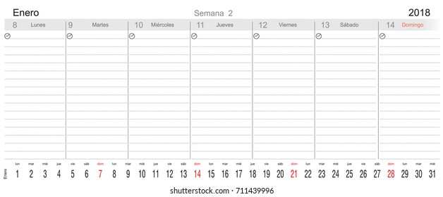 Desk Pad Working Calendar for 2018 year, in Spanish, Tasks calendar, Weekly Schedule 