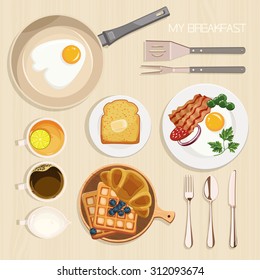 Desk with pan, bacon and eggs, toast, butter, green beans, coffee, tea with lemon, belgian waffles, croissant, knife, spoon, plate, fork. Top view. Business lunch. Coffee break.