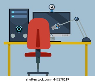desk, PC, monitor, computer, desk, microphone, webcam, chair, flat design