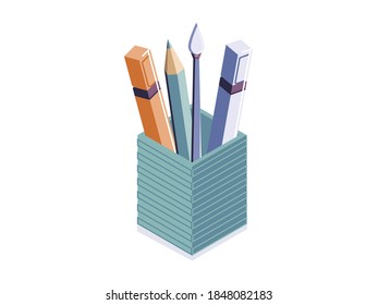 Desk pen, pencil, brush holder. Isometric illustration of drawing school suplies. Vector.