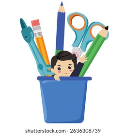 Desk Pencil Holder with School Stationery Supplies Including Scissors and Compass

Ideal for back to school visuals, educational content, teacher materials, and student desk setups.
