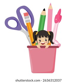 Desk Pencil Holder with School Stationery Supplies Including Scissors and Compass little girl

 Ideal for back to school visuals, educational content, teacher materials, and student desk setups. 