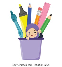 Desk Pencil Holder with School Stationery Supplies Including Scissors and Compass and hijabi girl 
Ideal for back to school visuals, educational content, teacher materials, and student desk setups.