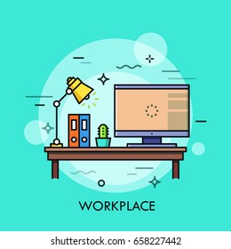 Desk with personal computer, lamp, paper folders and cactus in pot standing on it. Workplace, work surface, home office, freelance concept. Vector illustration for print, poster, website banner.