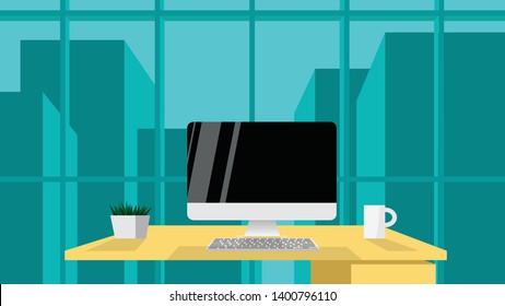 Desk with personal computer on the top and a cup of coffee with the panorama landscape view of the city tower area in green color