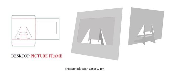 Desk Picture Frame Template, Vector with die cut, laser cut layers. White, clear, blank, desk picture frame isolated mock up on white background with perspective view, 3D presentation