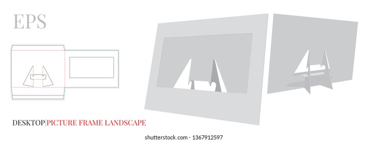 Desk Picture Frame Template, Vector with die cut, laser cut layers. White, clear, blank, desk picture frame isolated mock up on white background with perspective view, 3D presentation