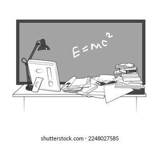 Desk with pile of books and papers, chalkboard, computer and table lamp. Vector illustration, monochrome sketch.
