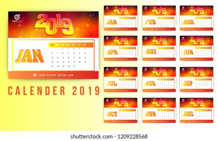 Desk planner design, set of 12 months calendar for 2019 on glossy yellow background.
