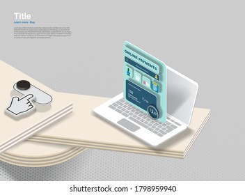Desk from plywood in isometric view with a laptop. Vector banner