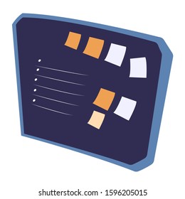 Desk with points and stickers. Task appointments and successfully organizing on board in blue color. Office element for productivity work and organization, business items and goals on label vector