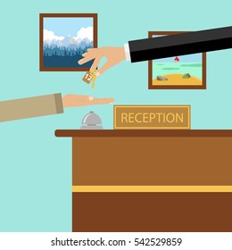 Desk reception, reservation, hotel, get a room key, the receptionist, administrator. Flat design, vector.