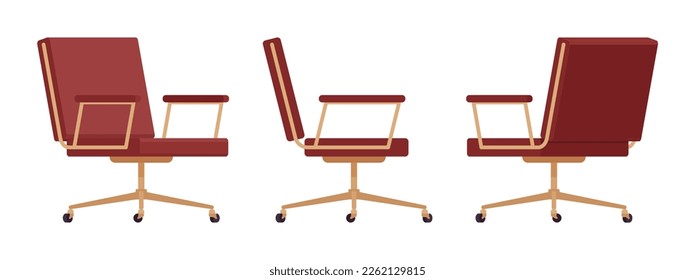 Desk rolling chair with armrest, meeting, executive furniture brown set. Sitting comfort for working, resting, waiting. Vector flat style cartoon home, office articles isolated on white background