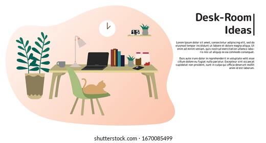 Desk room ideas with space for text, flat design vector illustration