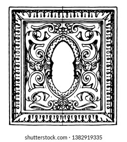 Desk in San. Giorgio Maggiore Frame is an Italian Renaissance style, It was a oblong shape surrounded by an ornate frame, vintage line drawing or engraving illustration.