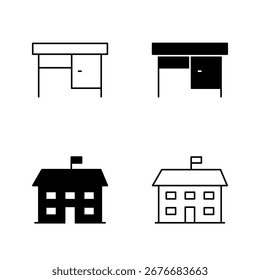Icons für Schreibtisch- und Schulgebäude - Symbol für Studium und Ausbildung im Solid- und Line-Style