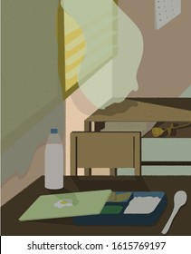 desk in the school with a lunch box and next to it there is an open window. japan illustration. japan vibes. vector illustration