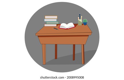 escritorio con material escolar, cuaderno, libro, lápiz, puesto en la mesa. imagen vectorial.