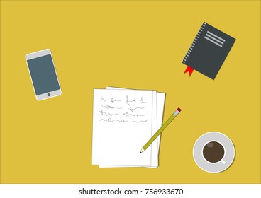Desk with scribbles, cell phone, calendar and a cup of coffee.
