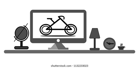 A desk set consists of a computer, a globe, a clock light and a coffee cup on a white background.Used in printing and web.