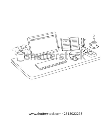 Desk setup with computer books and coffee in line art style