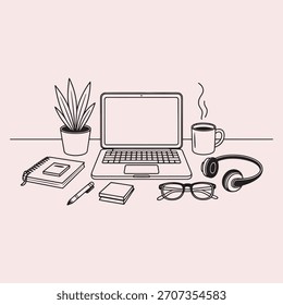 Configuración de escritorio con portátil, café y auriculares Cuaderno de computadora Line Art