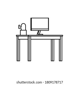 Desk setup with monitor, table, and cactus illustration in outline style