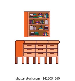 desk and shelving with stack of books on white background