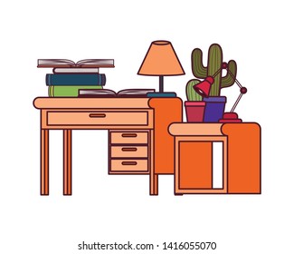 desk and shelving with stack of books on white background