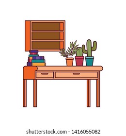 desk and shelving with stack of books on white background