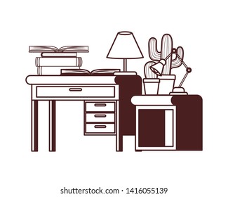 desk and shelving with stack of books on white background