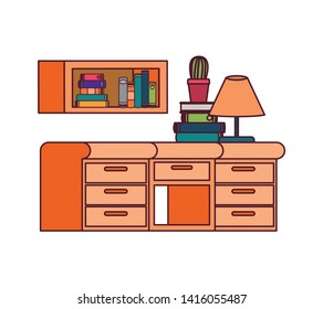 desk and shelving with stack of books on white background