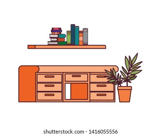 desk and shelving with stack of books on white background