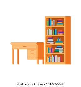 desk and shelving with stack of books on white background