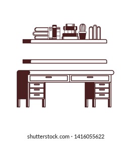 desk and shelving with stack of books on white background