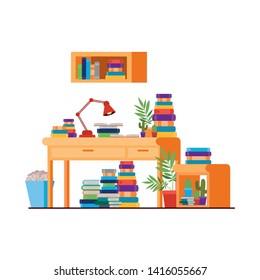 desk and shelving with stack of books on white background