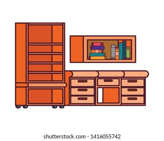 desk and shelving with stack of books on white background