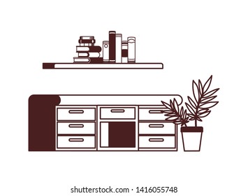 desk and shelving with stack of books on white background