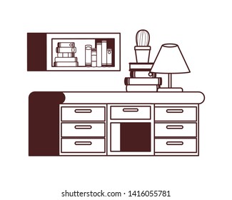 desk and shelving with stack of books on white background