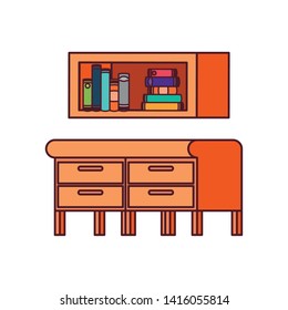 desk and shelving with stack of books on white background