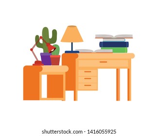 desk and shelving with stack of books on white background