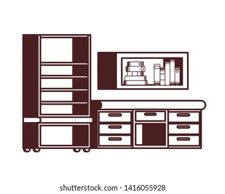 desk and shelving with stack of books on white background