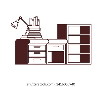 desk and shelving with stack of books on white background