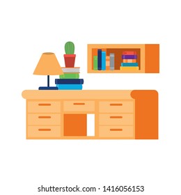 desk and shelving with stack of books on white background