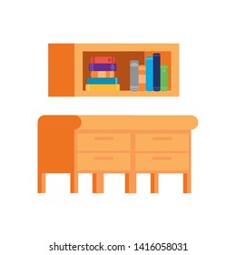 desk and shelving with stack of books on white background