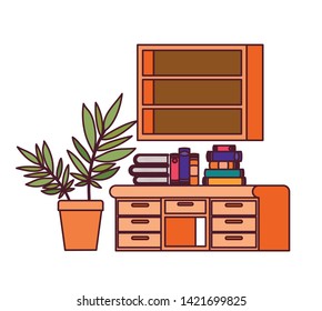 desk and shelving with stack of books on white background