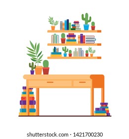 desk and shelving with stack of books on white background