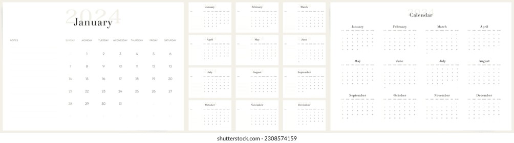 Desk simple 12 months business calendar for 2024 year. Table or Desktop 2024 calendar template design for schedule planner. Weeks starts Sunday. English language.	