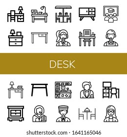 desk simple icons set. Contains such icons as Desk, Bedside table, Table, Clerk, Furniture, Class, Customer service, Closet, Counter, Bellboy, can be used for web, mobile and logo