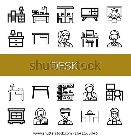 desk simple icons set. Contains such icons as Desk, Bedside table, Table, Clerk, Furniture, Class, Customer service, Closet, Counter, Bellboy, can be used for web, mobile and logo